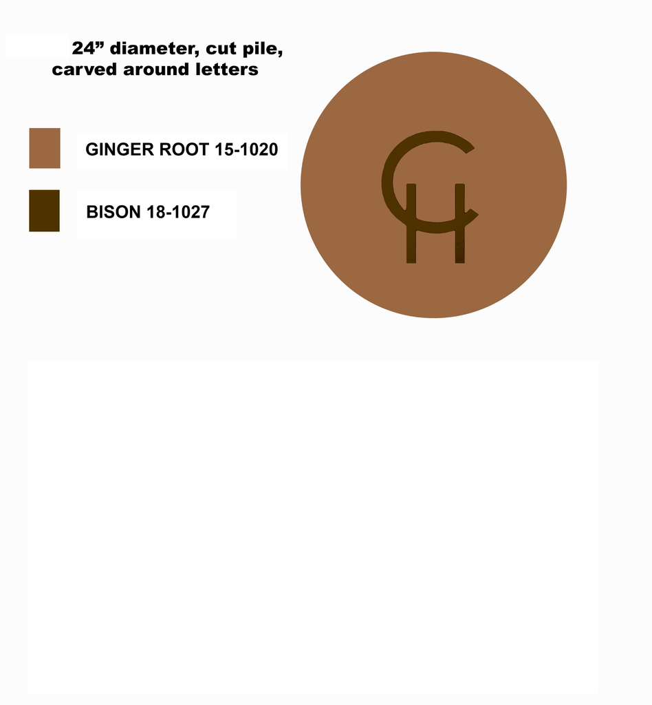 Brown circle with carved letters and color swatches labeled 'Ginger Root' and 'Bison' on a white background.