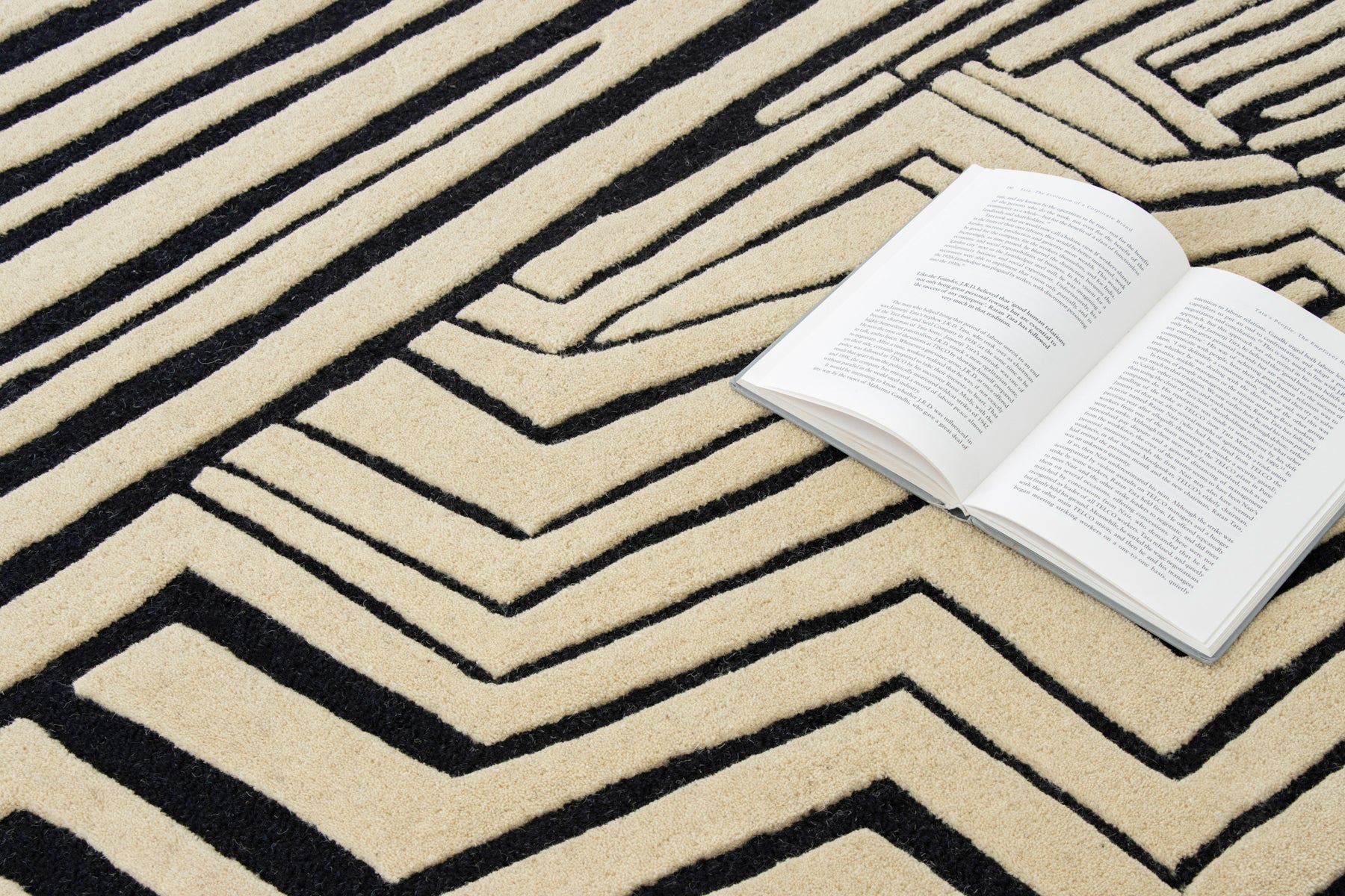 Open book on black stripe irregular area rug | Beyond Rugs USA