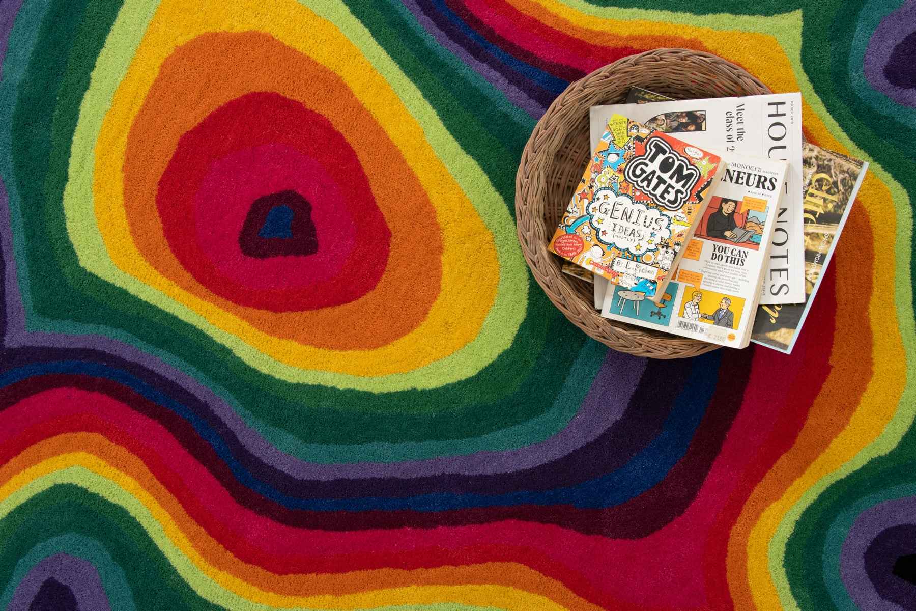 Detail view Paint Melts Rhapsody rug center showing vibrant color transitions - hand-tufted New Zealand wool texture