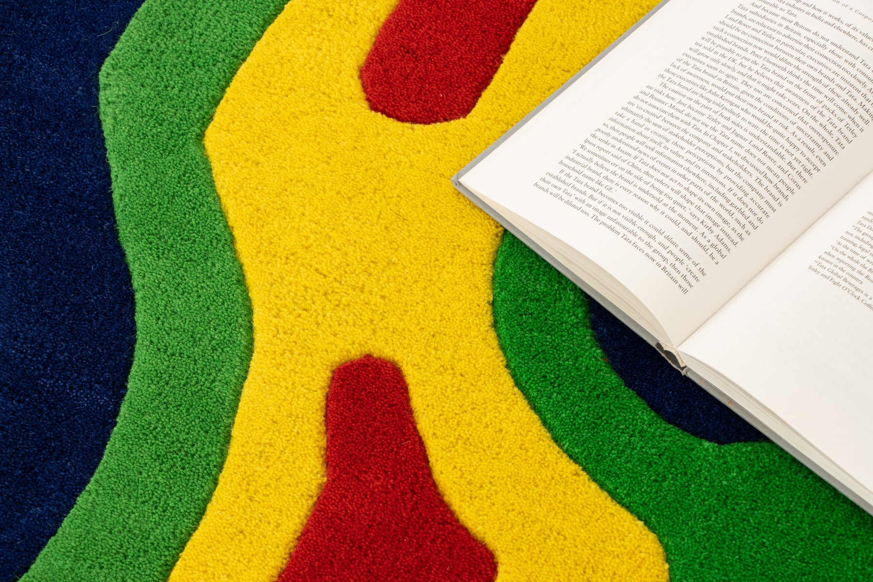 Amoeba Thermal rug with open book showing all four color zones: navy, green, yellow, red | Beyond Rugs