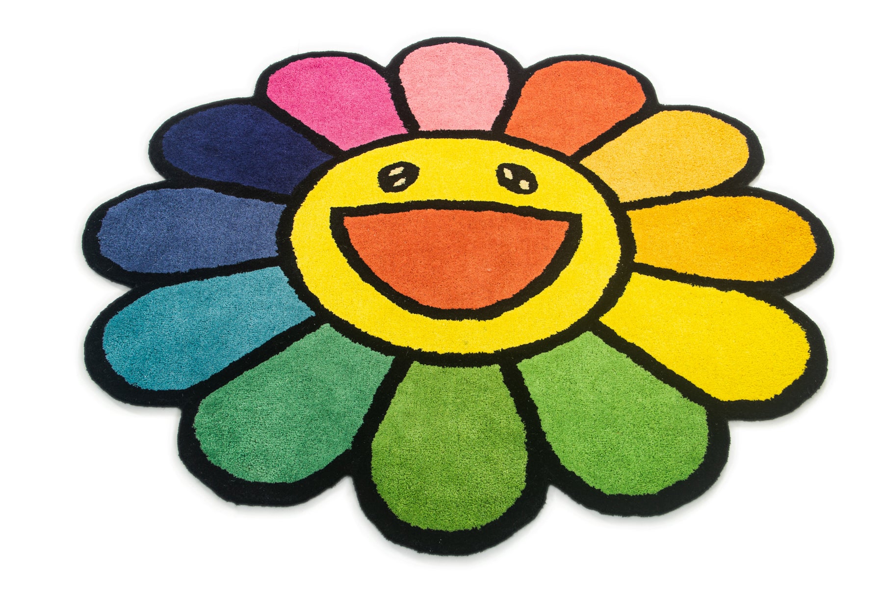 Top angle view of Murakami multicolor flower irregular rug showing rainbow petals and face | Beyond Rugs