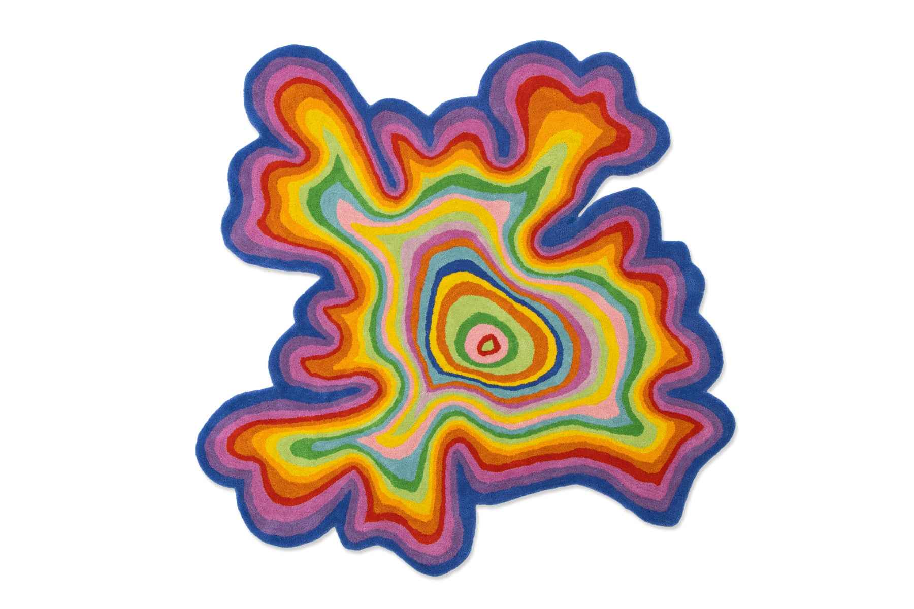 Psychedelic irregular shaped hand-tufted wool rug – full top view of multicolor rainbow concentric swirl pattern on white background | Beyond Rugs