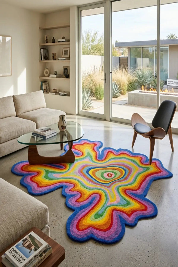 Colorful spiral rug in a modern living room with a glass coffee table and sofa.